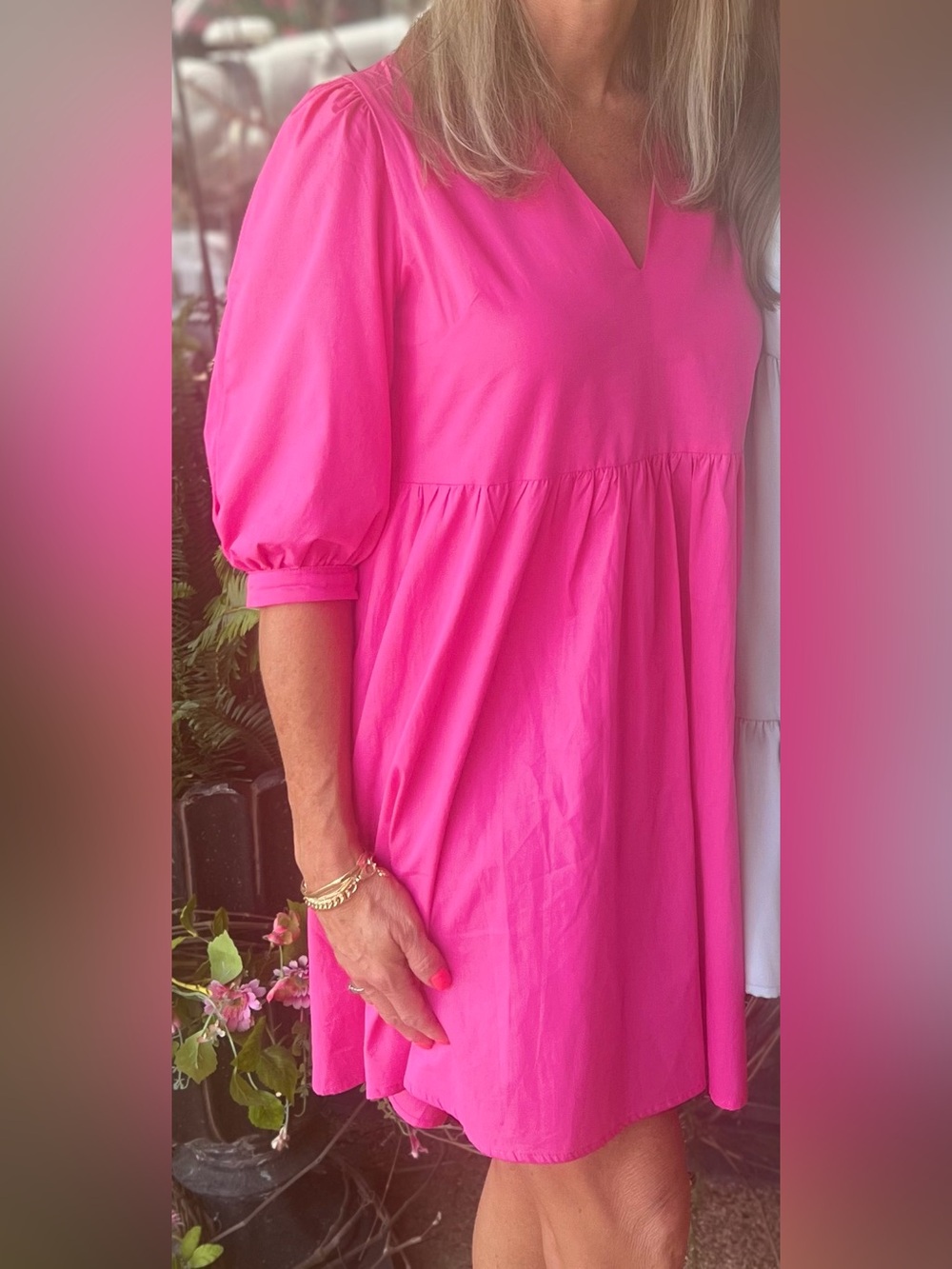 HYFVE Hot Pink V-Neck Puff Sleeve Babydoll Dress size small